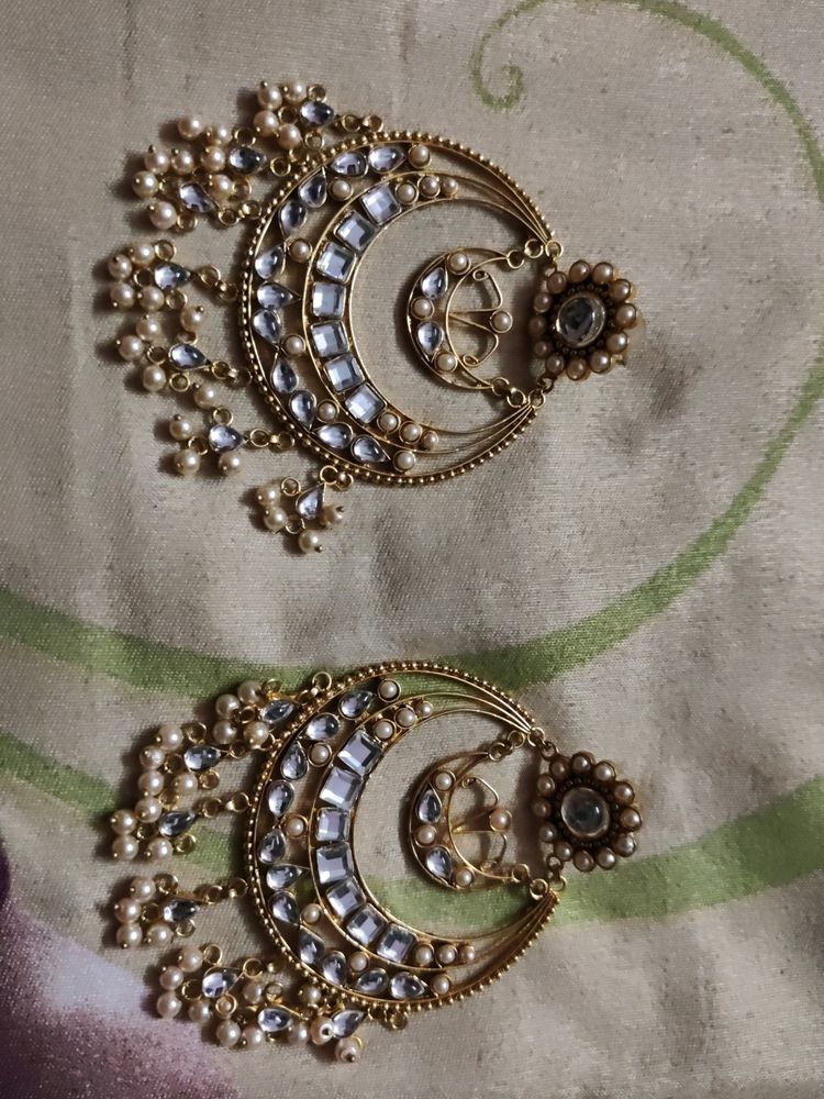 Beautiful Big Earings With Mirror Work And Pearls