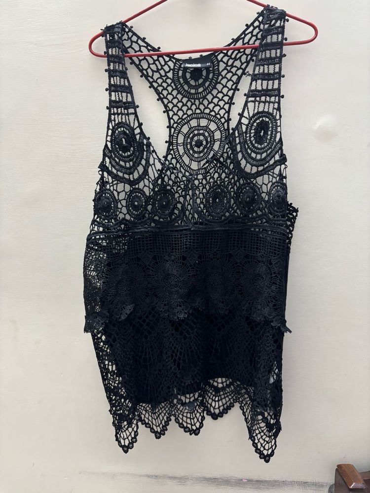 Black Hollow Out Crochet Tie Top