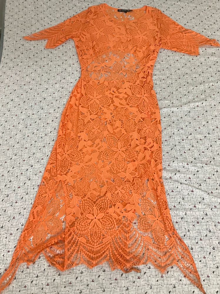 Orange Lace Back-cut Dress