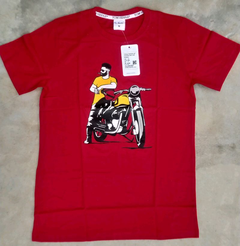 Brand New Cotton Bike Printed Red Mens Tshirts