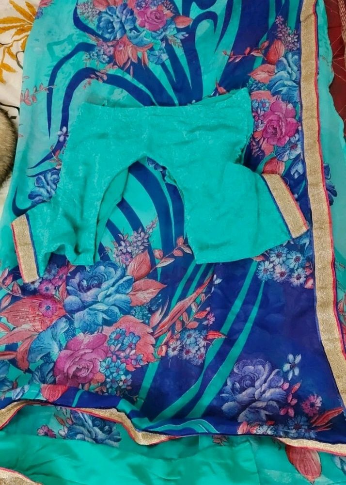 Saree With Blouse (Cyan )