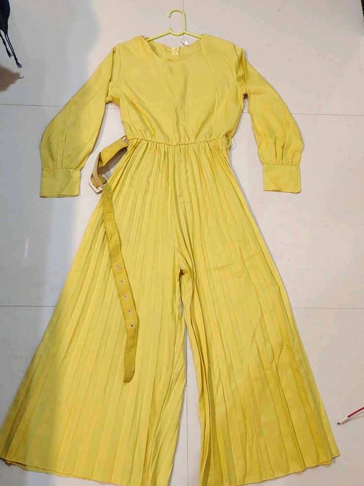 Yellow Full Length Plated Jumpsuit