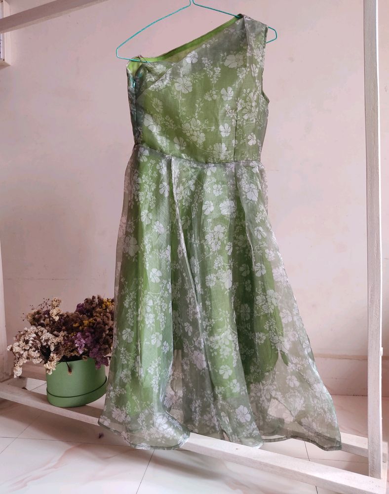 Green Floral One Shoulder Dress