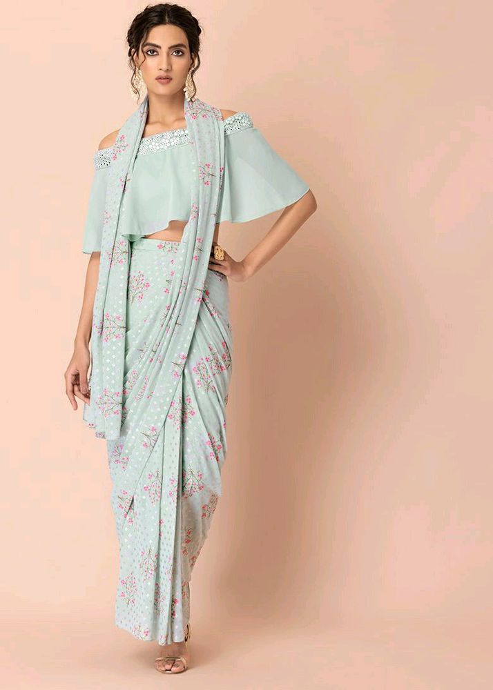 Sage Floral Foil Pre- Stitched Saree