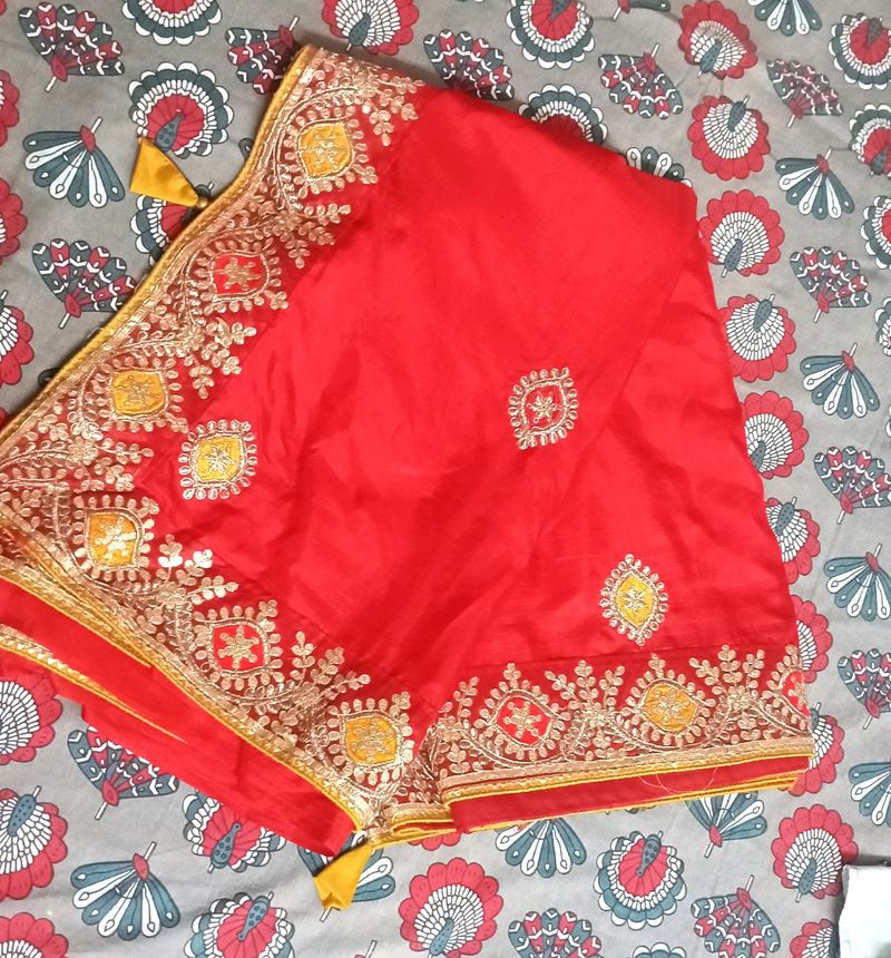 Red And Yellow Saree Without Blouse