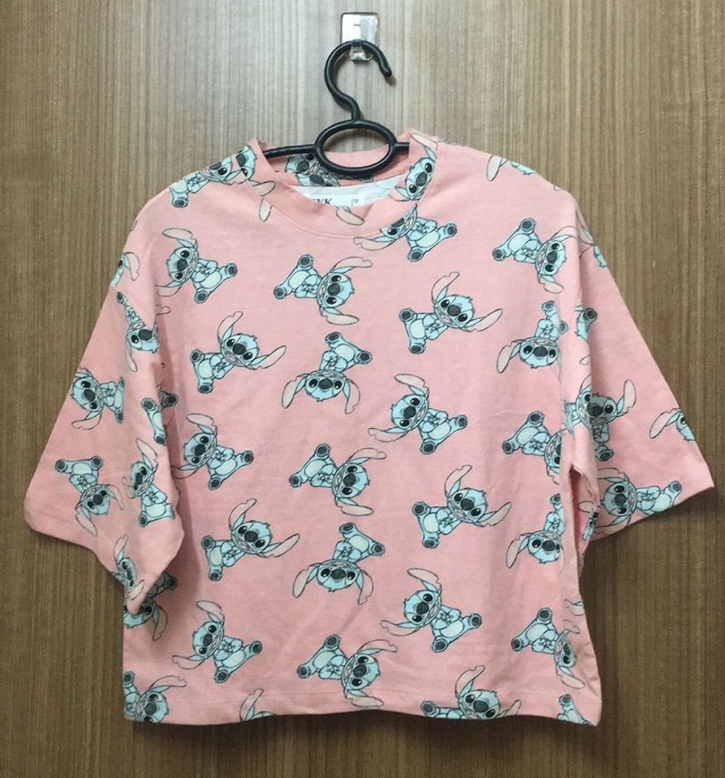 Lilo And Stitch Print Peach T-shirt for Women