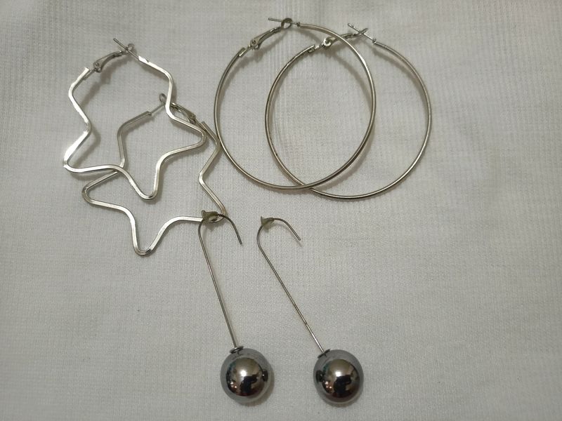 Silver Earrings Set Of 3