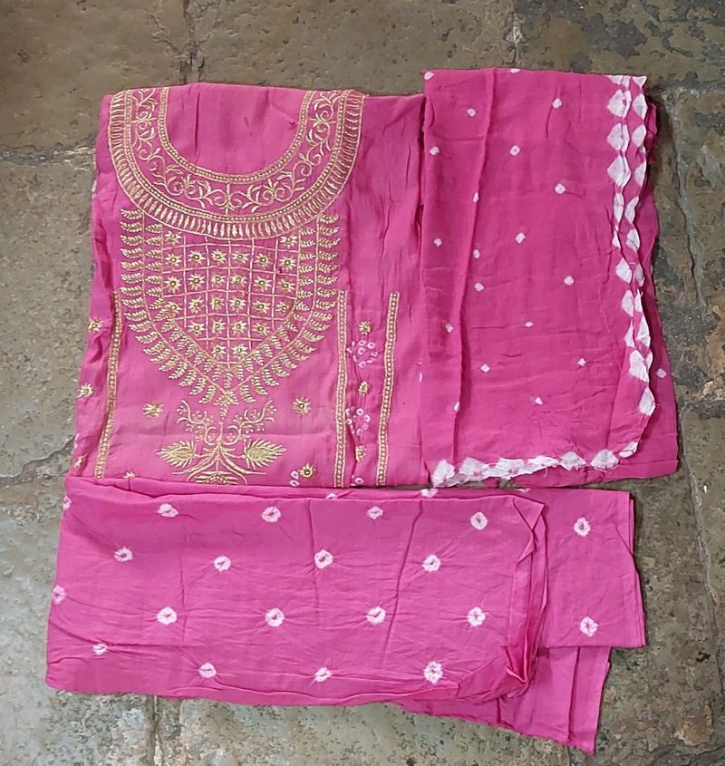 Pink Cotton Bandhani Dress Material