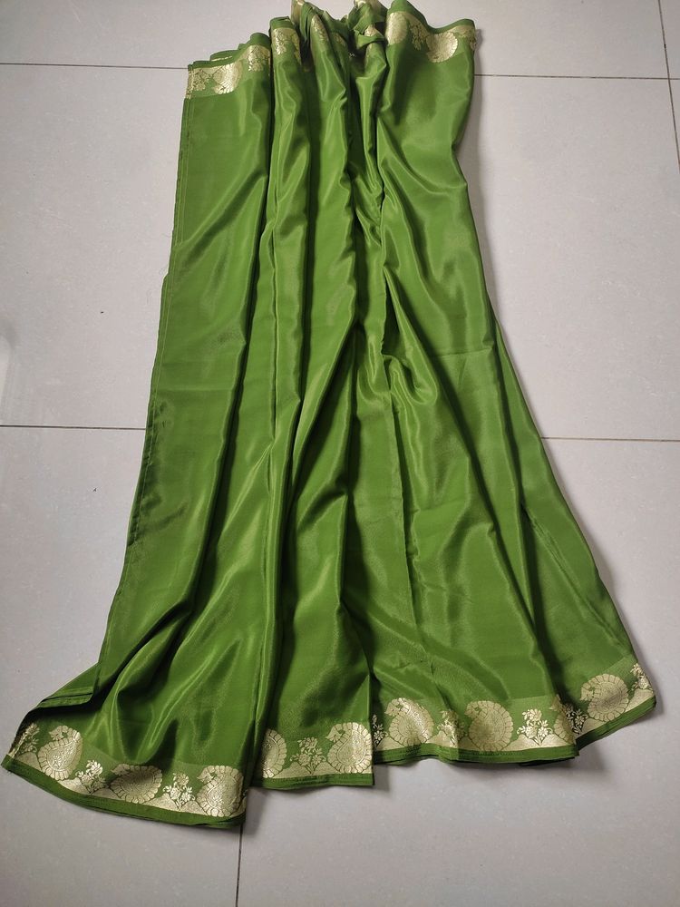 Fancy Satin Saree In Green With Silk Border