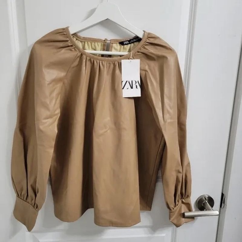 Zara Women's Tan Faux Leather Long Puff Sleeves To