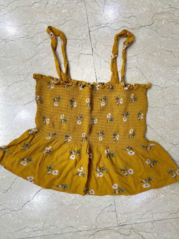 Yellow Smocked Strap Floral Top