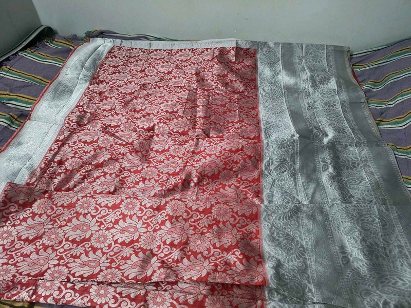 New Saree Red Nd Silver With Readymade Blouse