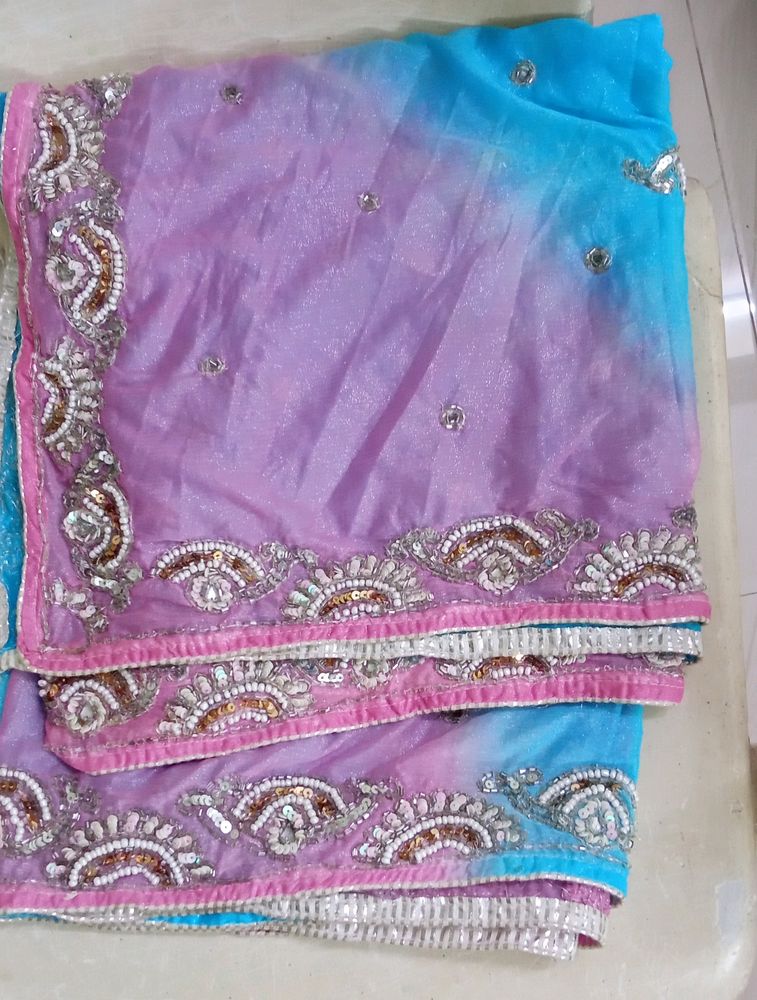 Rich Maggam Stone Work Chunni In Pink & Sky Blue