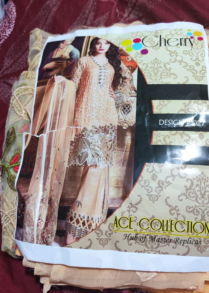 Pakistani Chiffon Dress Peach Unstitched Party Wear With Patch Work