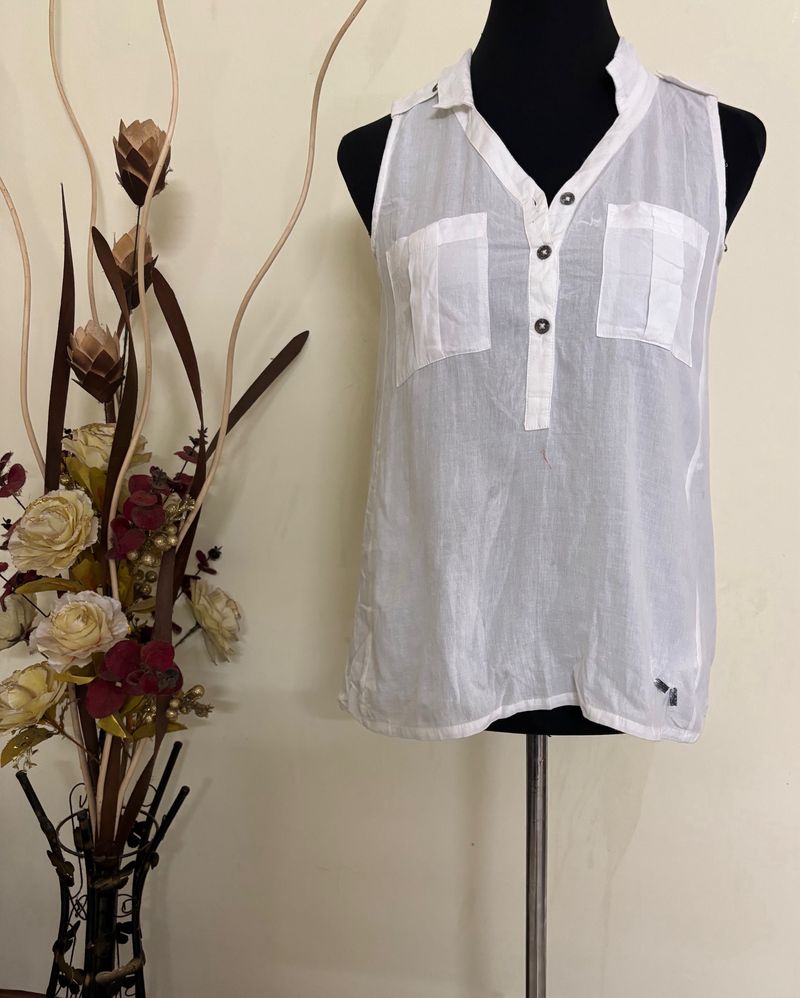 Branded Sleeveless White Shirt