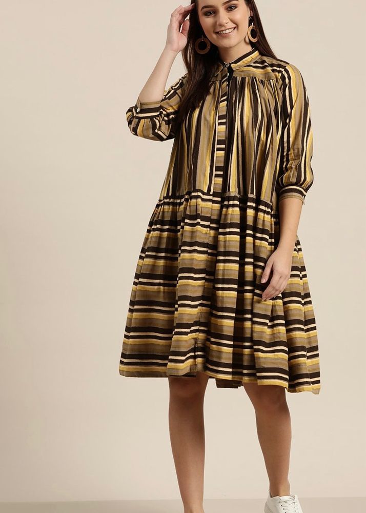 Beige And Coffee Brown Strip Dress