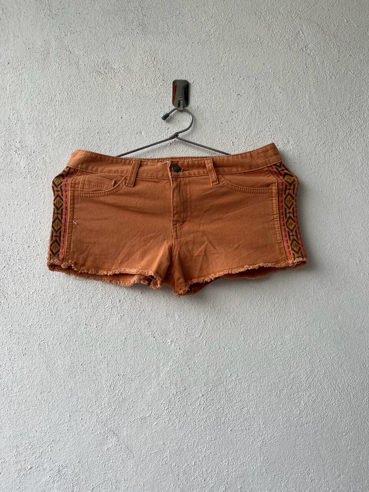 Orange Embroidered Denim Shorts