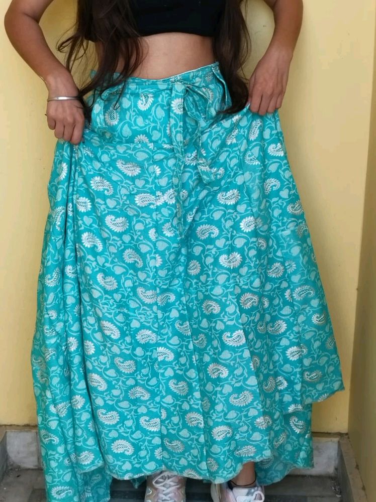 Sea Green Flower Print Look Long Ethnic Skirt