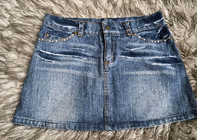 Blue Denim Beaded Pocket Skirt