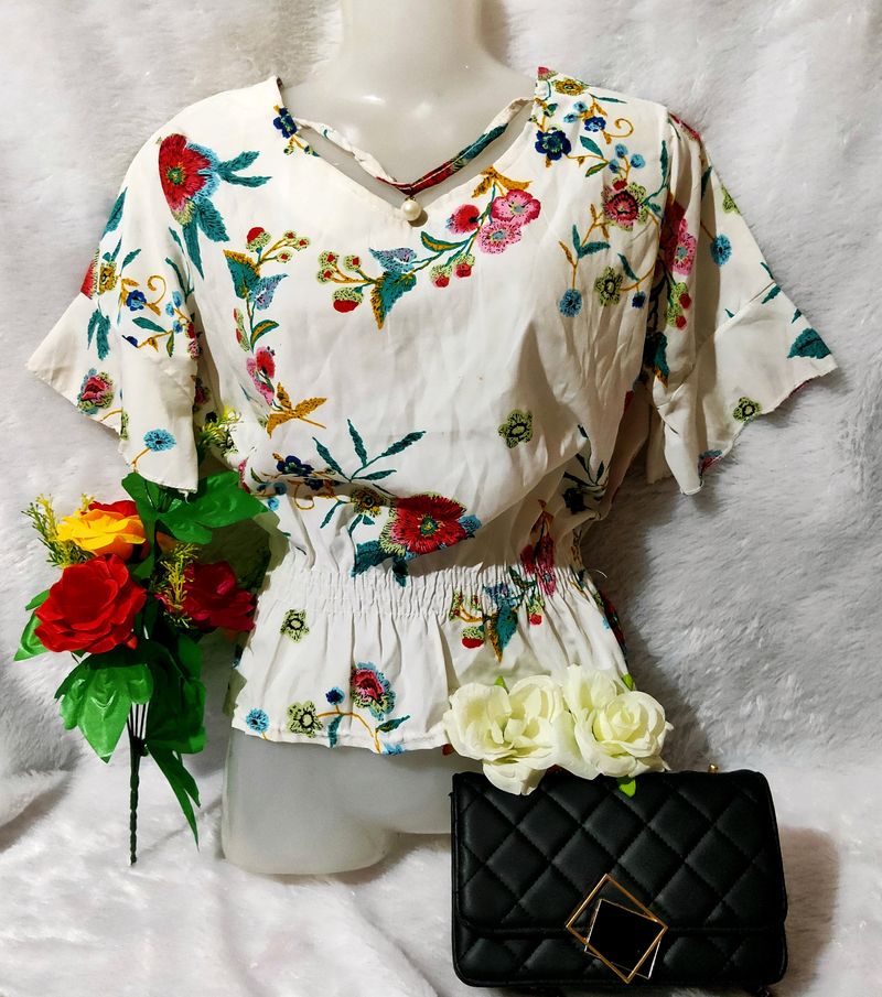 SALE! White Floral Cinched Waist Top