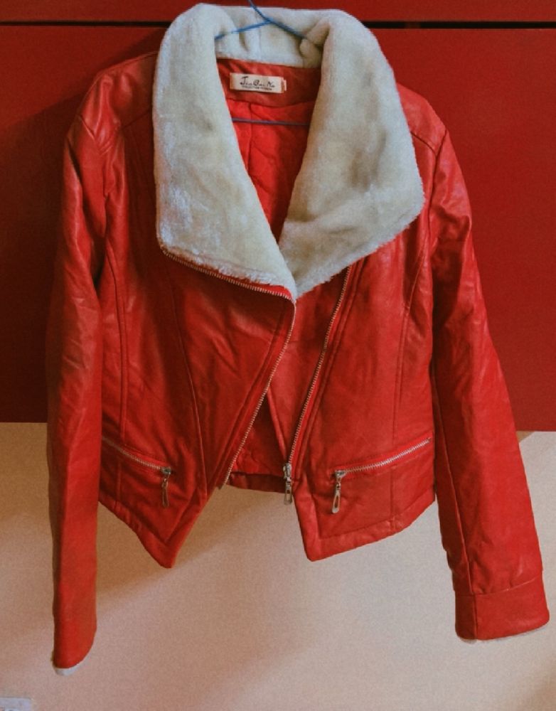 Red Leather Jacket With Fur Around The Neck