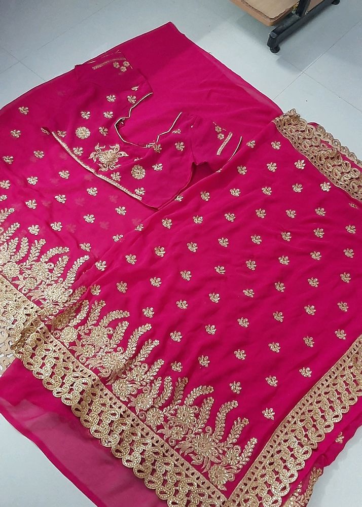 Rani Pink Saree Golden Border Stitched Blouse Part