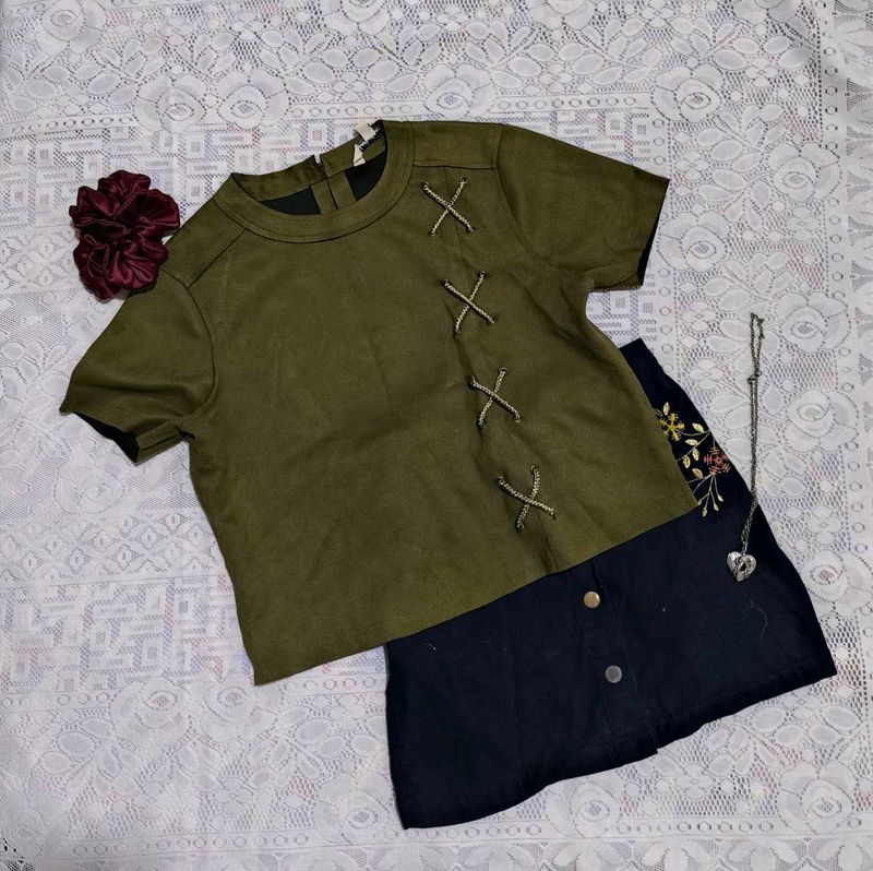 Olive Green Top With Lace Up Design