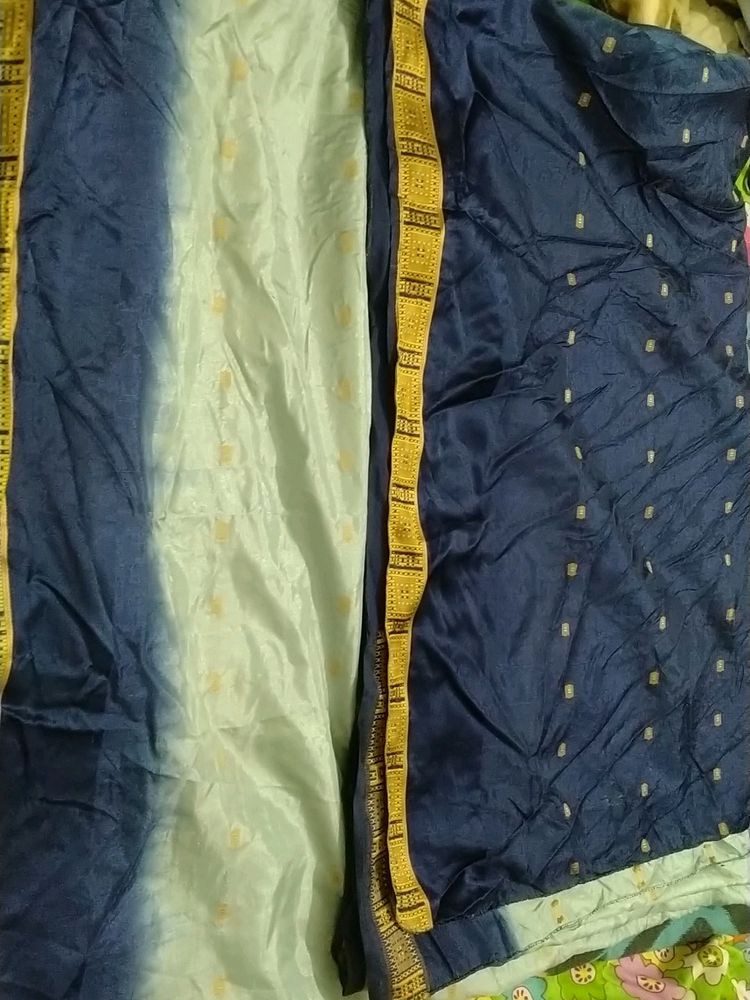 Grey Navy Blue Artificial Silk Saree With Beautiful Border Work And Designs