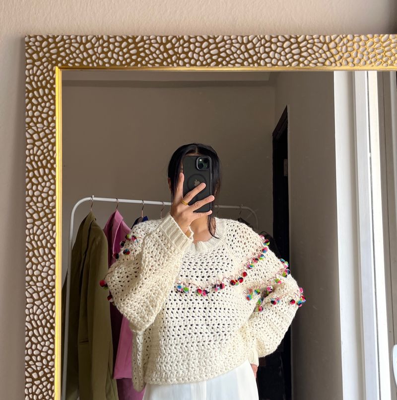 ZARA Wool Blend Open Knit Pom-Pom Cropped Sweater