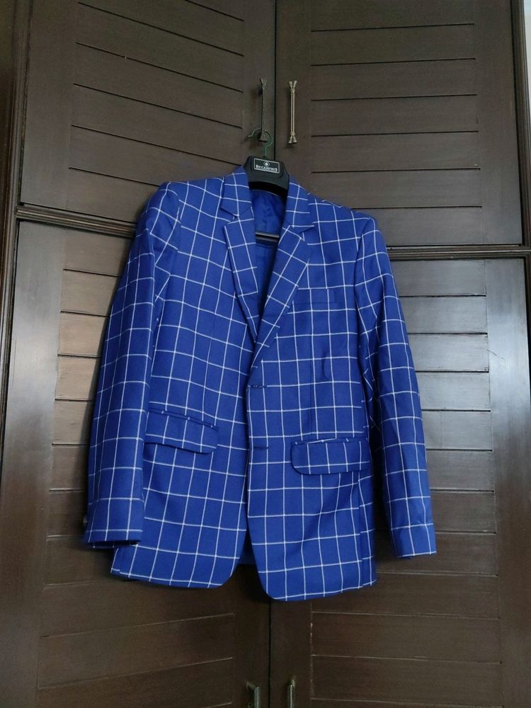 Men Partywear Checked Viscose Rayon Blue Blazer