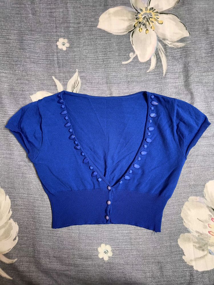 Blue Cardigan Top With Stones