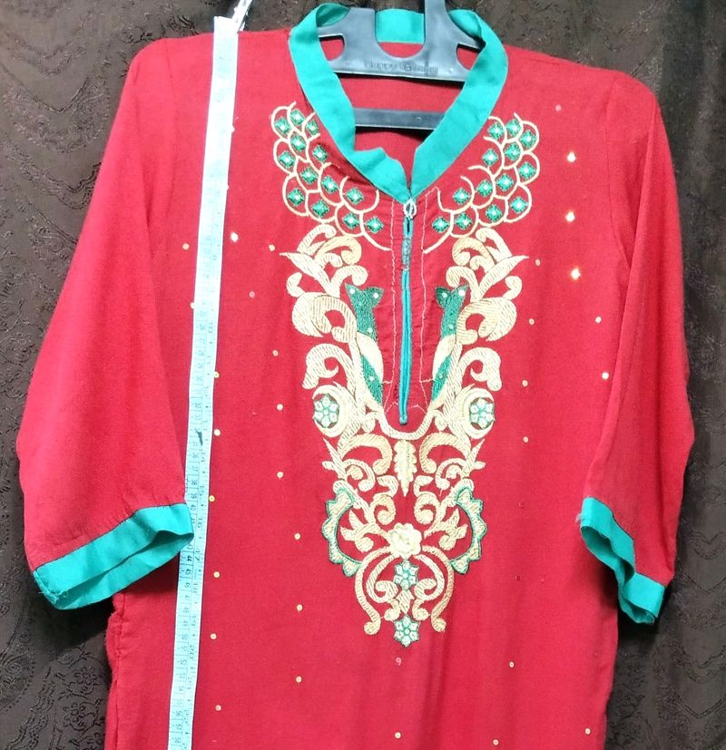 Embroidery Cotton Red kurti designer Rhinestone