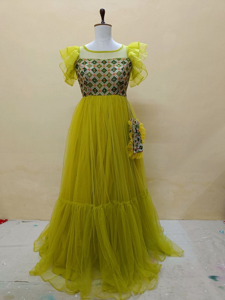 Shades Of Green Color Frill Gown With Pures