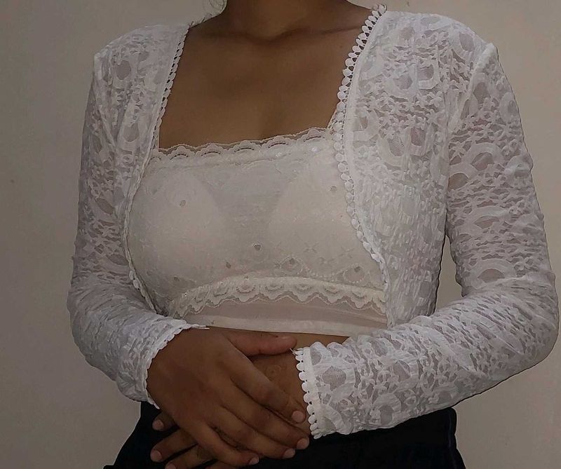 White Net Top With Jackwt For Party Wear