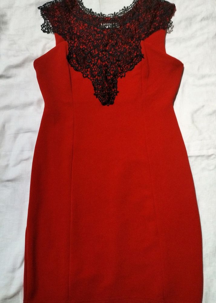 Red Dress With Lace Neck Design