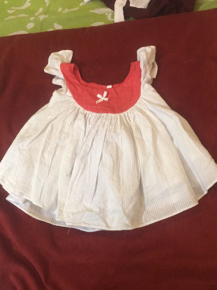 0-6 Months Baby Girl Dress White And Ranipink Clr