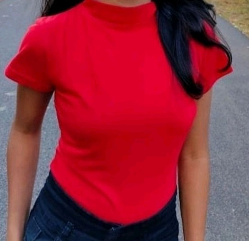 Red High neck Half Sleeve Top