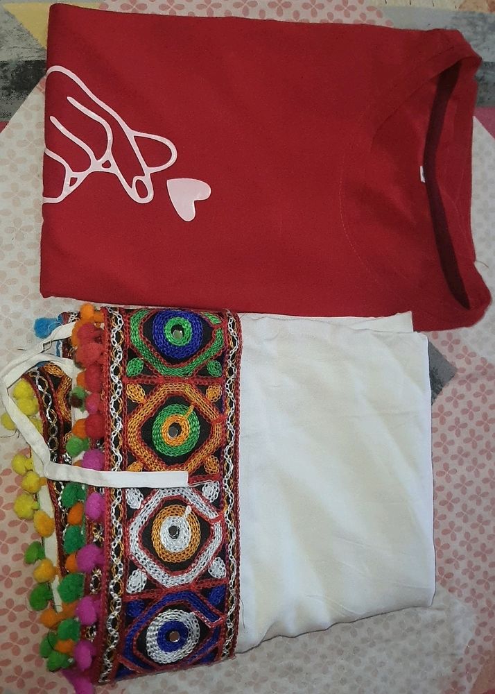 New Red Tshirt And White Skirt