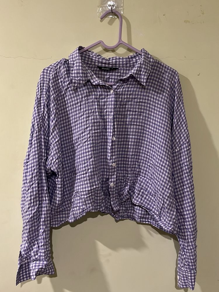 A Lavendar Nd White Checkered Cropped Shirt