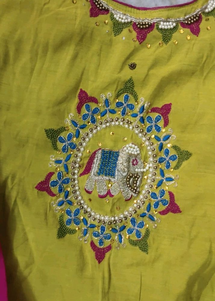 Vibrant Yellow and Pink Embroidered Elephant Dress