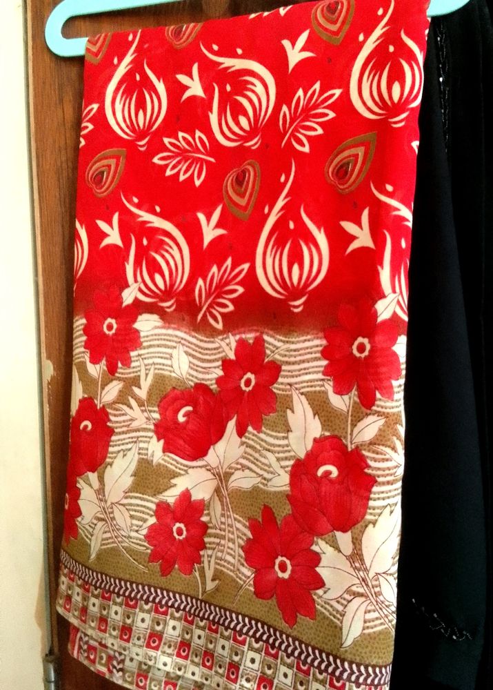 New Red And Beige Color Floral Saree