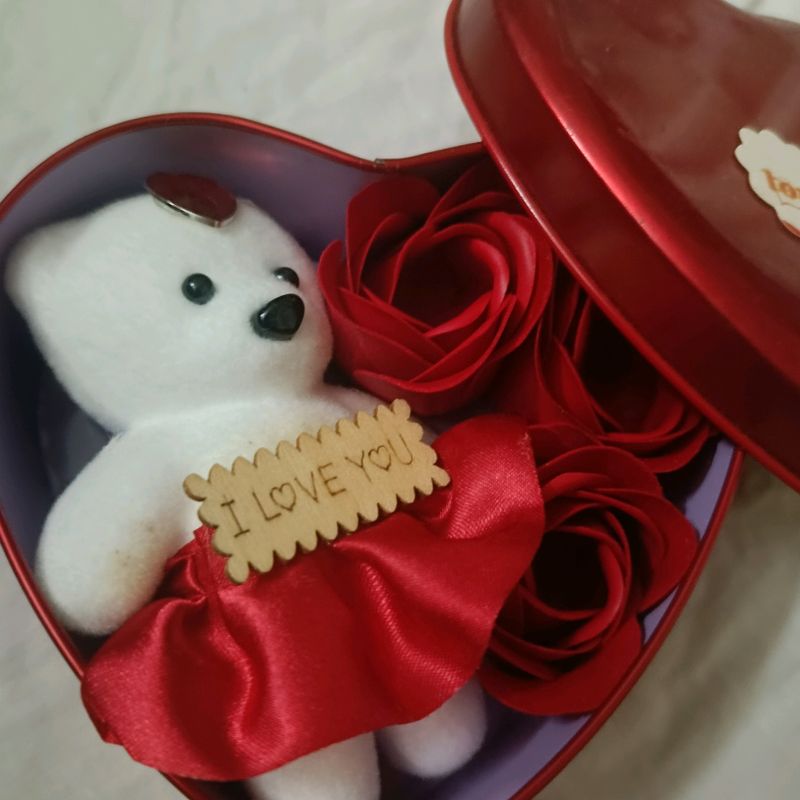 Heart Shape Box With Cute Teddy And Flowers