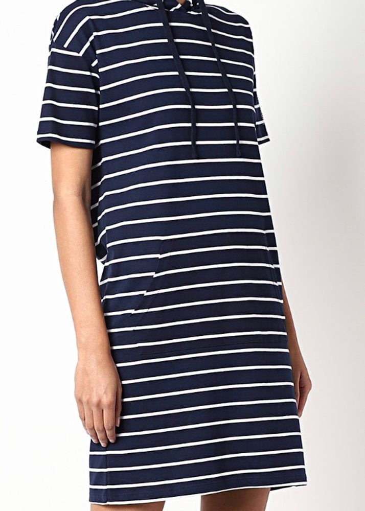 Stripped Hooded Dress With Insert Pockets