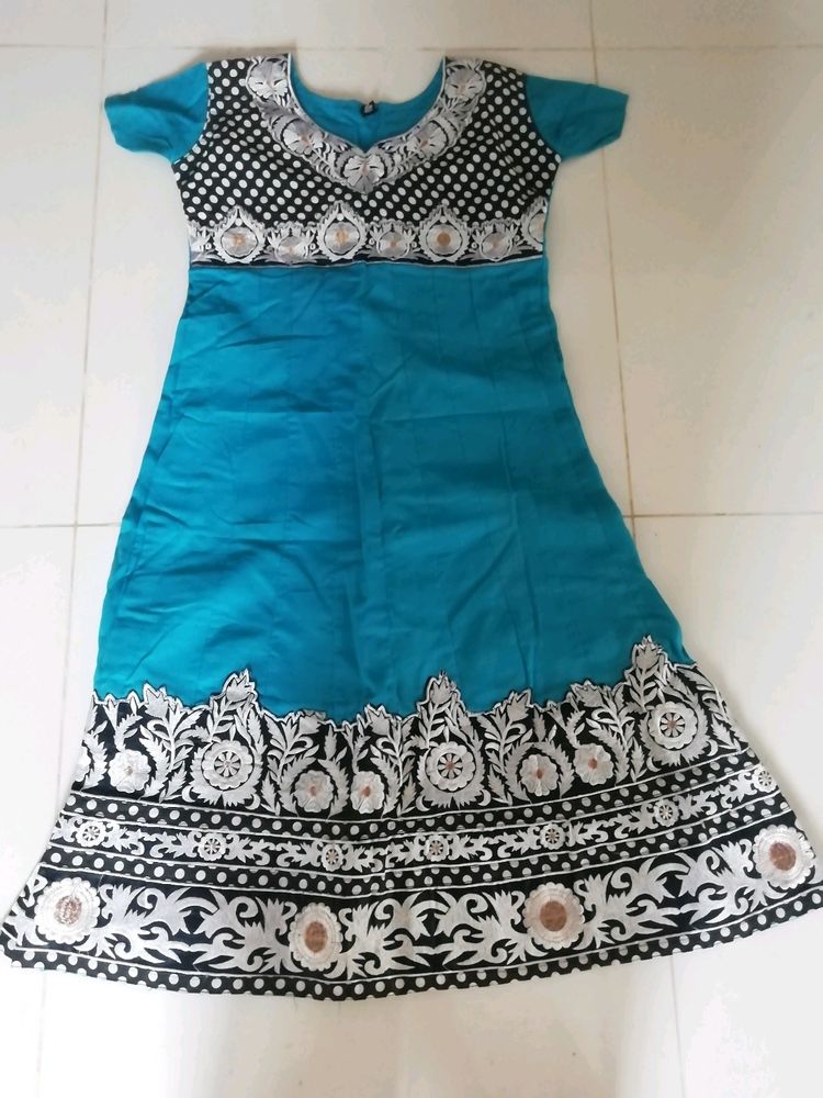 Sky Blue Cotton Embroidery Kurti For Girls