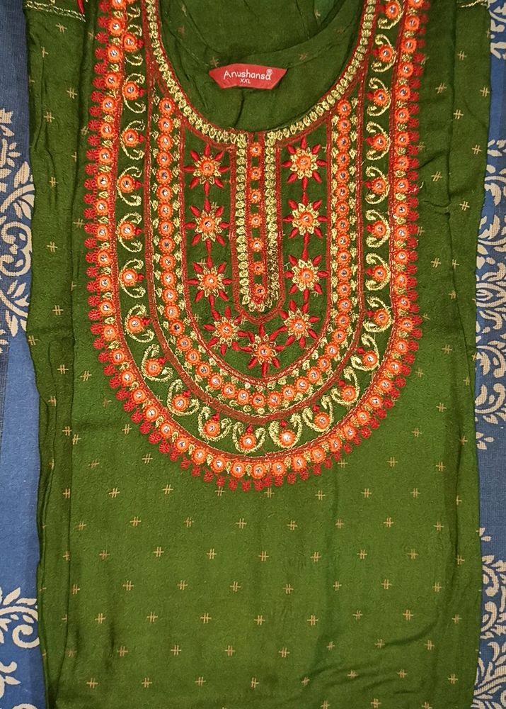 Women Olive Green Embroidered Kurti