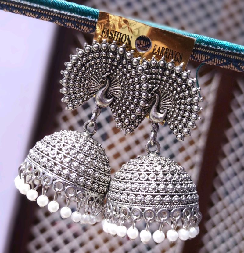 Silver Oxidised Jhumka Earrings.