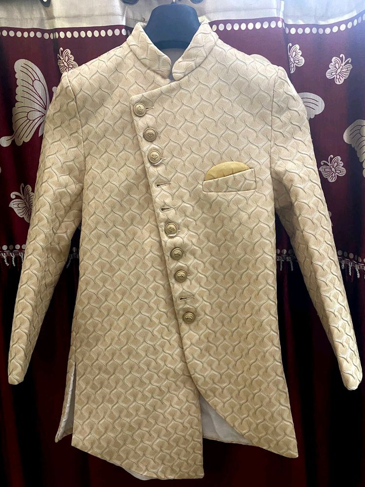 Beige Silk Sherwani Embroidered With Pajama