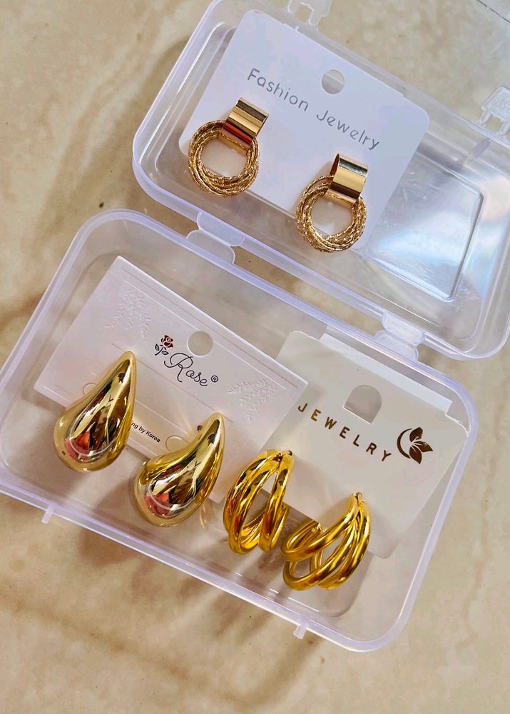 Korean Gold Plated Shiny Triple HoopEarrings combo