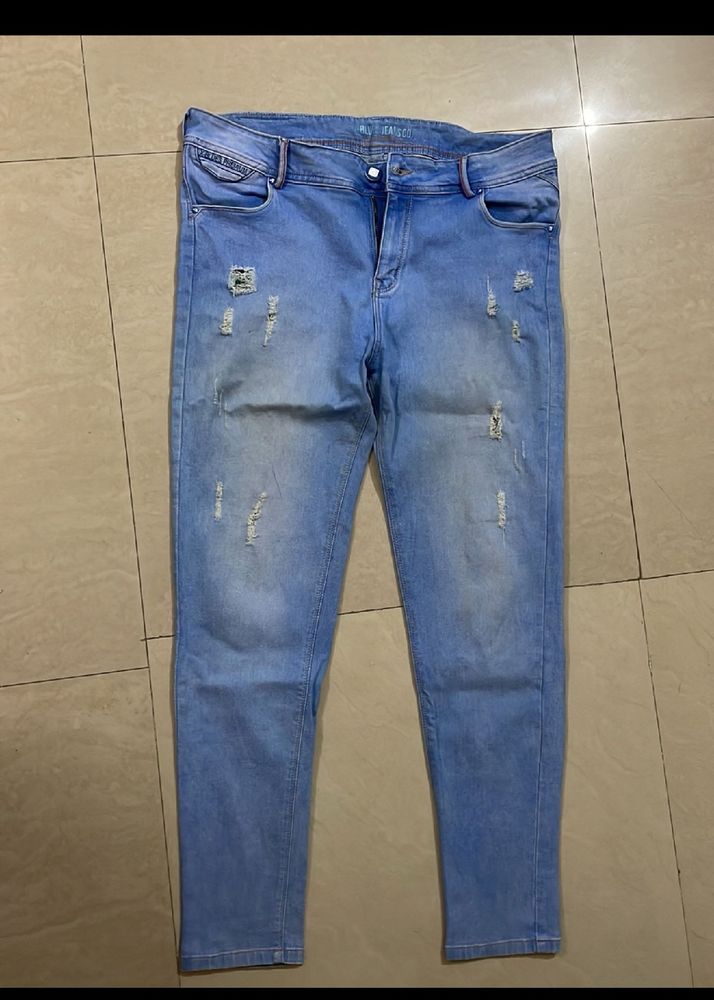 Distress Denim Mid Waist Jeans