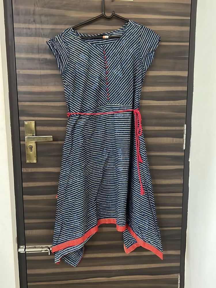 Avaasa Flared Truffle Cotton Blue Stripped Dress